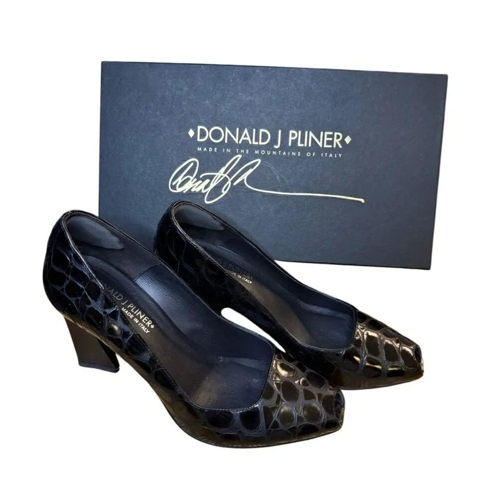 Donald J. Pliner Patent Croc Gator Heel Peep Toe Sz. 7 Classic Italy
